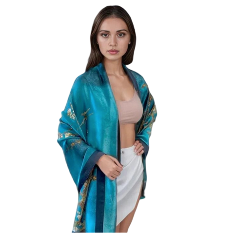 180x90 Silk Scarf Van Gogh Turquoise Silk Stole Shawl Wrap Foulard N94