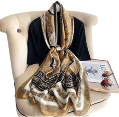 180x90 Silk Scarf Gold Vintage Style Silk Stole Shawl Wrap Foulard N251
