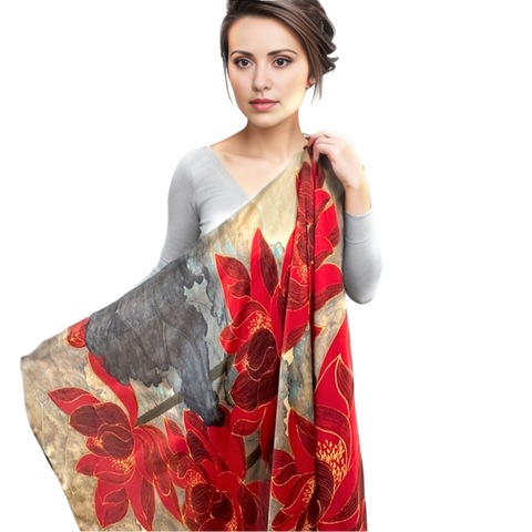 180x90 Silk Scarf Red Beige Stole Foulard Shawl Wrap N237