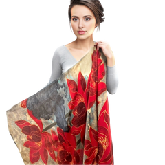 180x90 Silk Scarf Red Beige Stole Foulard Shawl Wrap N237