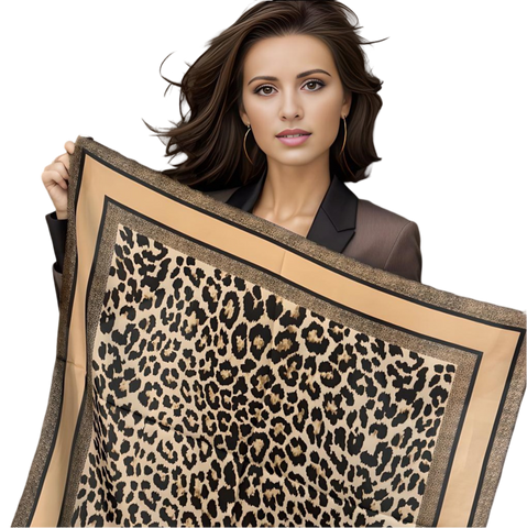 Silk Scarf 70x70cm Leopard Brown Business Style Silk Stole Wrap Foulard NN12