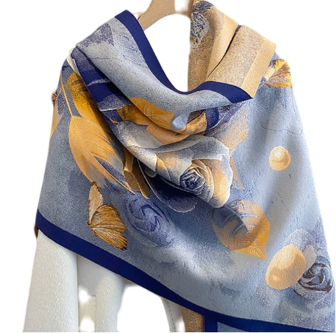 Cashmere Scarf 180x70 Blue Art Deco Wool Classic Style Shawl Wrap Pashmina S59