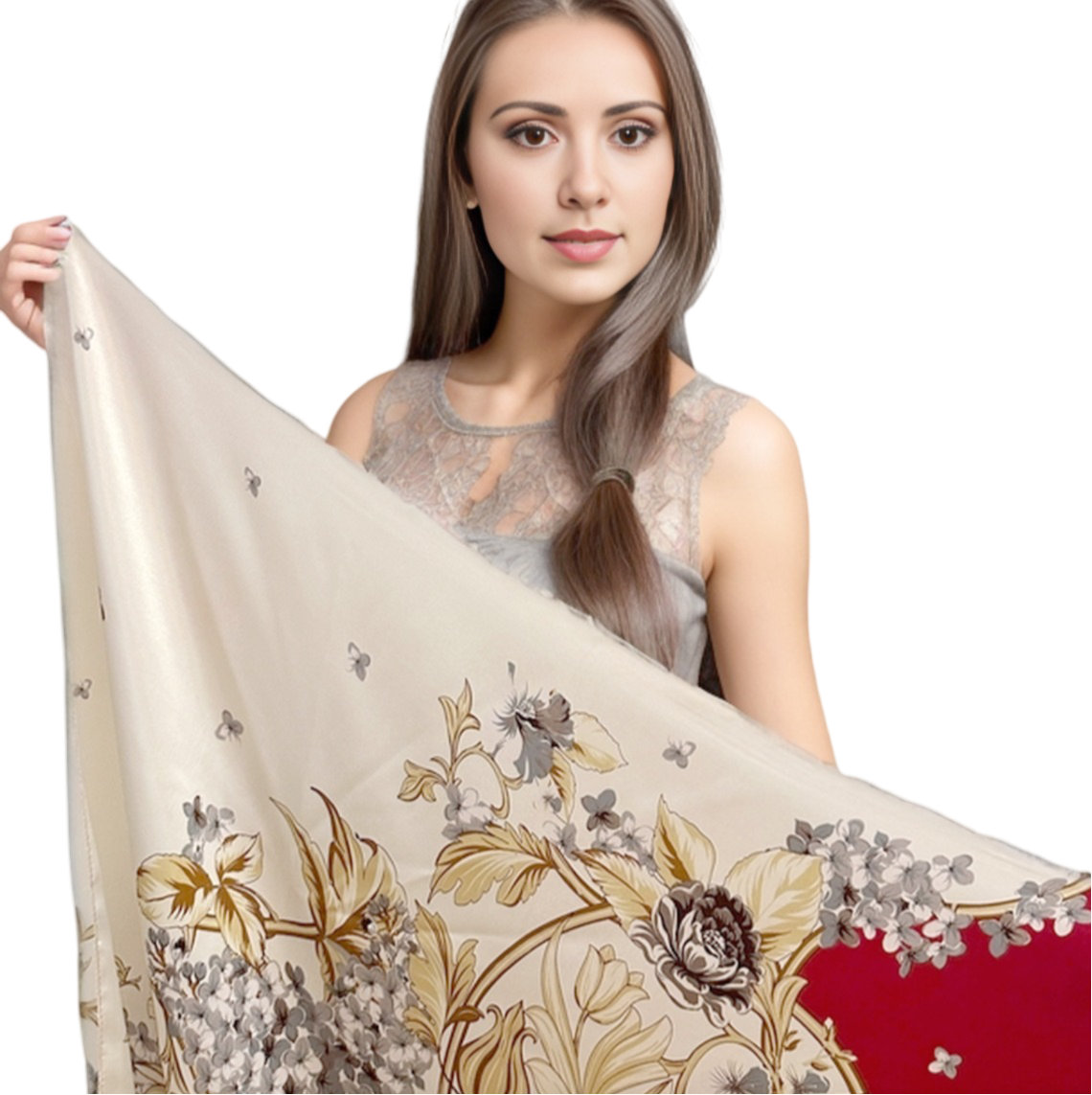 90x90 Silk Scarf Vintage Beige Red Classic Business Stole Shawl Wrap Foulard N20