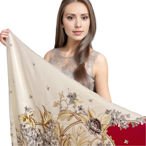 90x90 Silk Scarf Vintage Beige Red Classic Business Stole Shawl Wrap Foulard N20