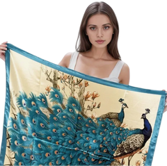 90x90 Silk Scarf peacock beige turquoise Style Stole Style Foulard Shawl N233