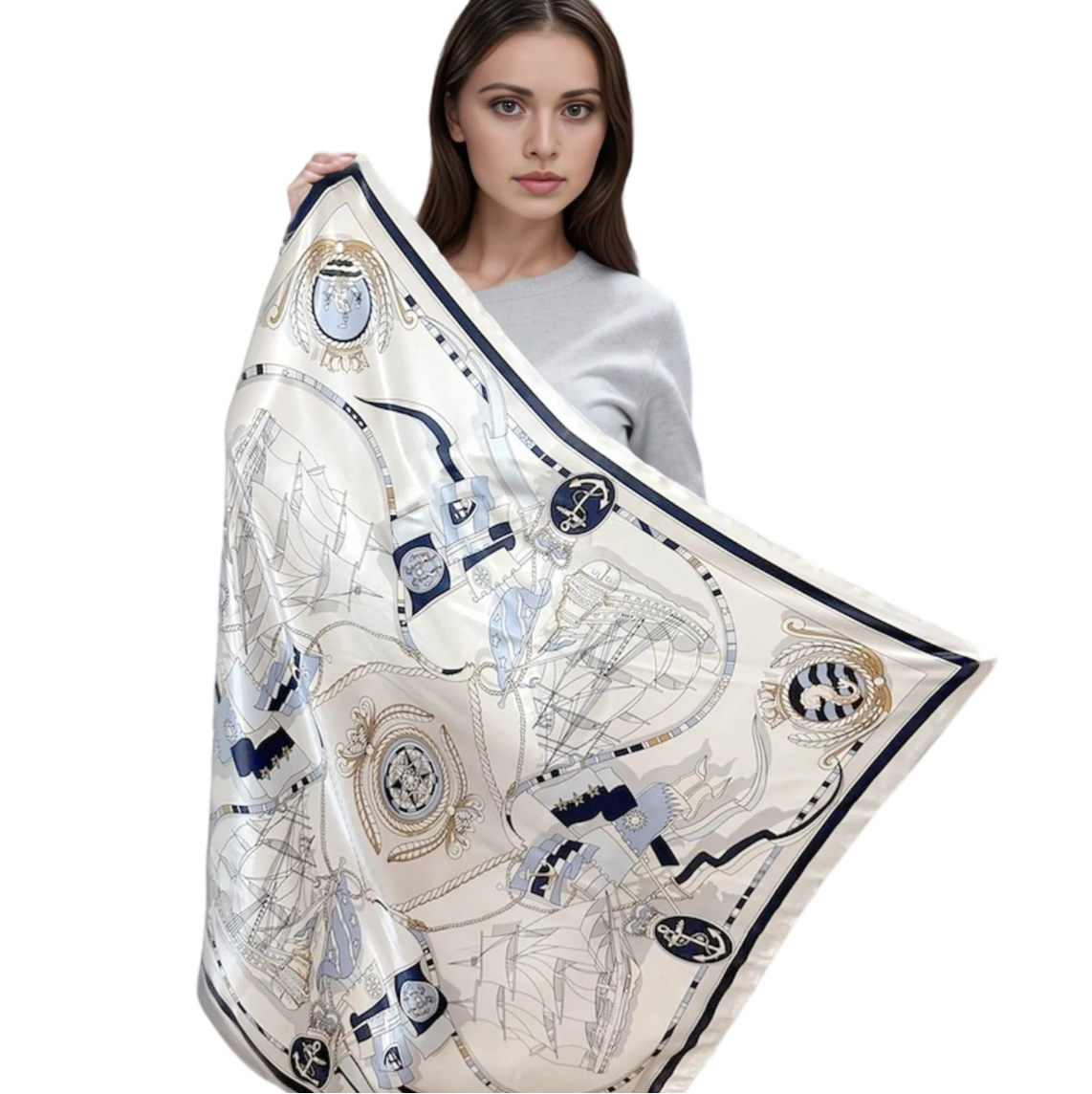 90x90 Silk Scarf White Navy Classic Style Silk Stole Foulard N49