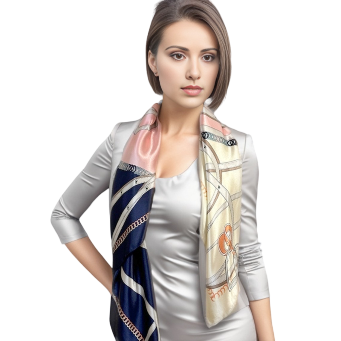 90x90 Silk Scarf Beige Colourful White Classic Style Silk Stole Foulard N80