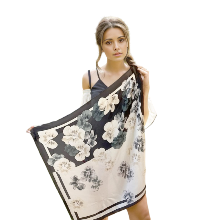 70x70 Silk Scarf black white flowers Classic elegant business Style Silk Stole Foulard N609