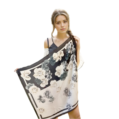 70x70 Silk Scarf black white flowers Classic elegant business Style Silk Stole Foulard N609