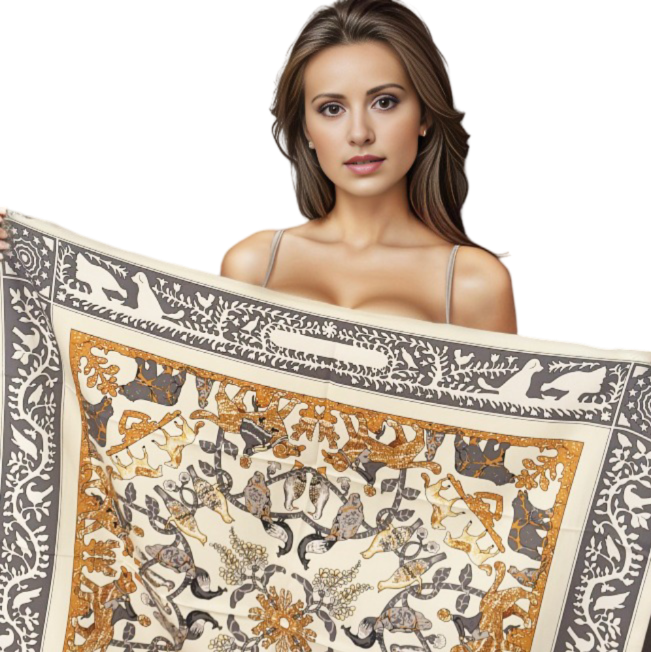 90x90 Silk Scarf Beige Vintage Business Style Silk Stole Summer shawl Foulard Wrap N71