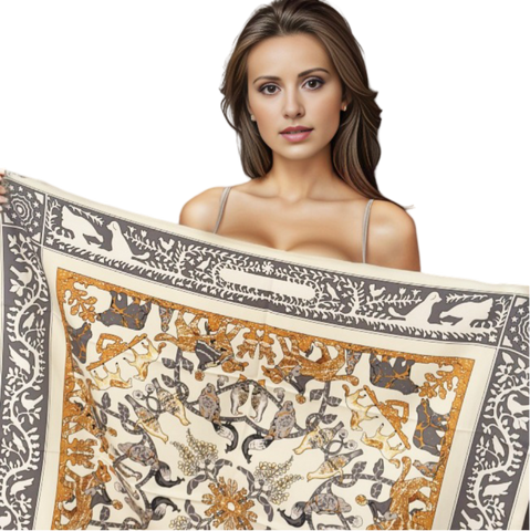 90x90 Silk Scarf Beige Vintage Business Style Silk Stole Summer shawl Foulard Wrap N71