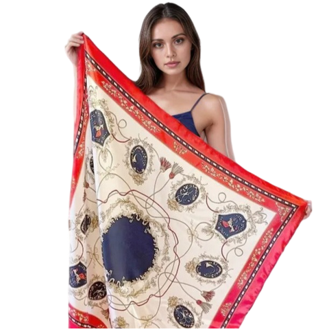 Silk Scarf 90x90 Red white Shawl Classic Bandana Neck Foulard N5