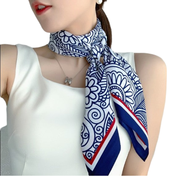 90x90 Silk Scarf White Blue Business Stole Foulard Shawl Wrap N242