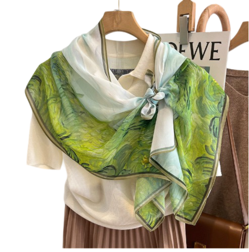 145x35 Silk Scarf Green White Landscape Silk Stole Style Foulard N286