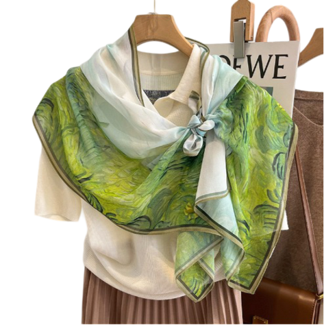 145x35 Silk Scarf Green White Landscape Silk Stole Style Foulard N286