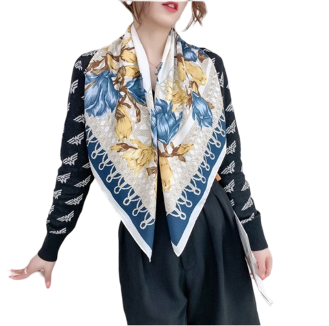 Silk Scarf 90x90 Stole Beige Blue White Asian Style Shawl Wrap Neck Foulard N222