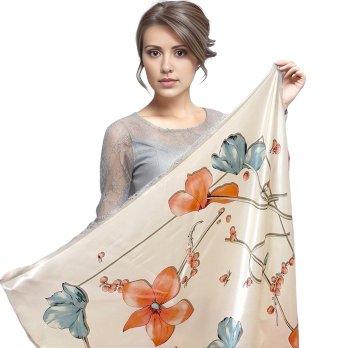 90x90 Silk Scarf white flowers Business Stole Style Foulard Shawl N278