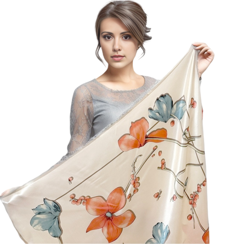 90x90 Silk Scarf white flowers Business Stole Style Foulard Shawl N278