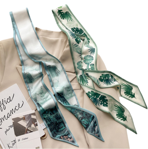 100x7 Silk Scarf Green Beige Asian Style tie Silk Stole Foulard N315