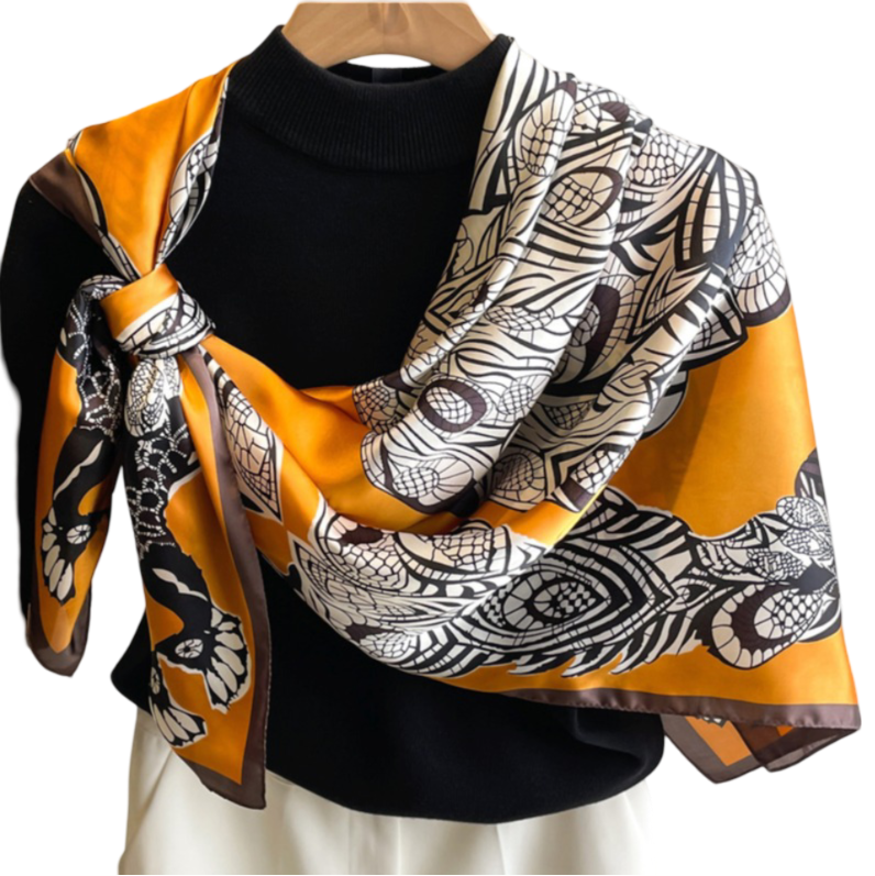 90x90 Silk Scarf Art Style Orange White Stole Shawl Foulard N344