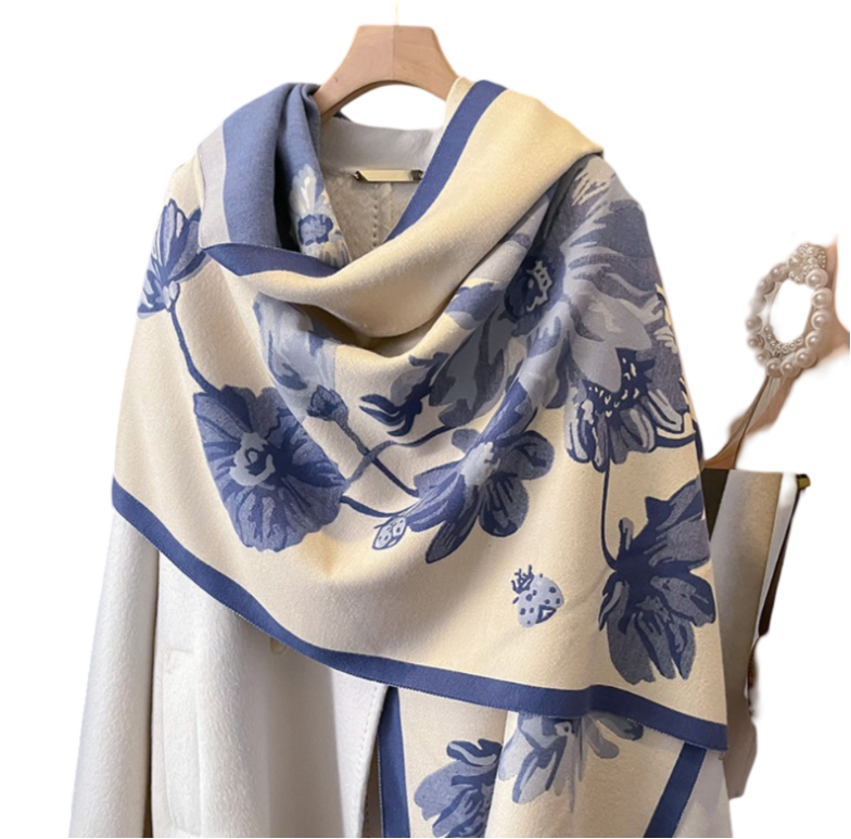 Cashmere Scarf 180x60 flowers beige blue Wool Business Style Shawl Wrap Pashmina S65