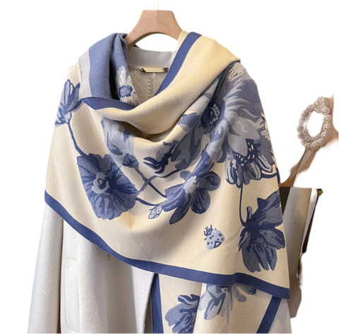 Cashmere Scarf 180x60 flowers beige blue Wool Business Style Shawl Wrap Pashmina S65