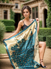 LA FERANI 90x90 Silk Scarf peacock beige turquoise Style Stole Style Foulard Shawl N233