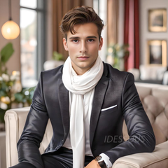 LA FERANI Men 100% Silk Scarf Grey White 180x90cm Silk Stole Business Style Foulard N192