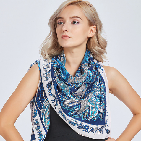 Silk Scarf blue 130x130 Stole Foulard N11