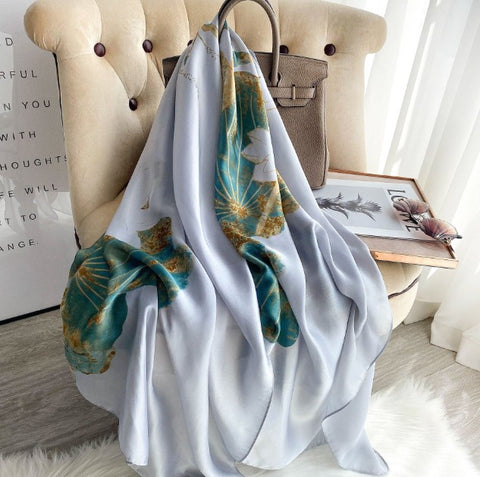 LA FERANI 180x90 Silk Scarf White Orchids Green Shawl Wrap Silk Stole Foulard N170