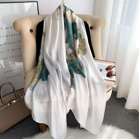 LA FERANI 180x90 Silk Scarf White Orchids Green Shawl Wrap Silk Stole Foulard N170