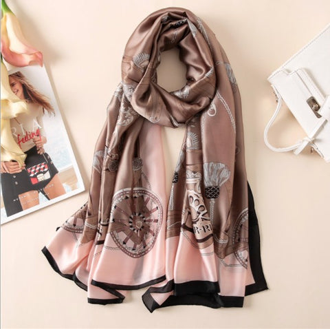 LA FERANI 180x90 Silk Scarf Pink Beige Horse Print Stole Shawl Wrap Foulard N194