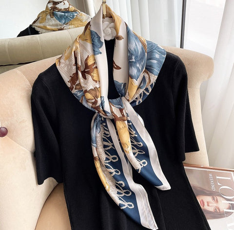 Silk Scarf 90x90 Stole Beige Blue White Asian Style Shawl Wrap Neck Foulard N222