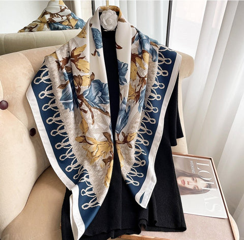 Silk Scarf 90x90 Stole Beige Blue White Asian Style Shawl Wrap Neck Foulard N222