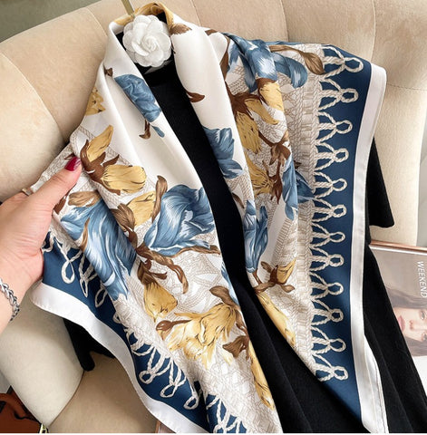 Silk Scarf 90x90 Stole Beige Blue White Asian Style Shawl Wrap Neck Foulard N222