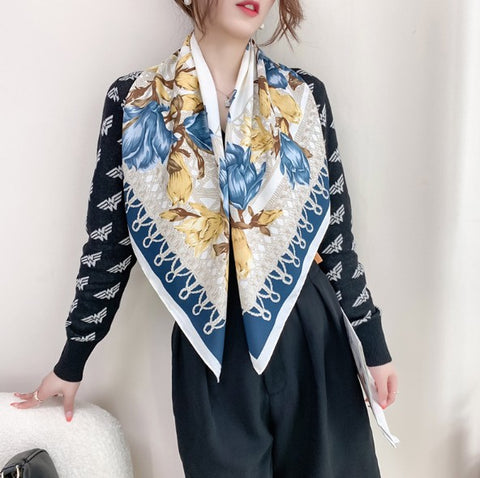 Silk Scarf 90x90 Stole Beige Blue White Asian Style Shawl Wrap Neck Foulard N222