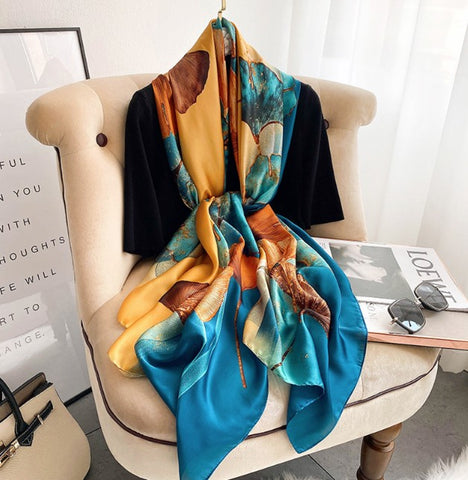 LA FERANI 180x90 Silk Scarf Blue Colourful Orange Stole Shawl Wrap Foulard N230