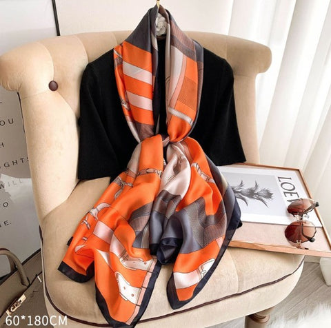 LA FERANI 180x90 Silk Scarf Orange  Black Stole Foulard Shawl Wrap N239