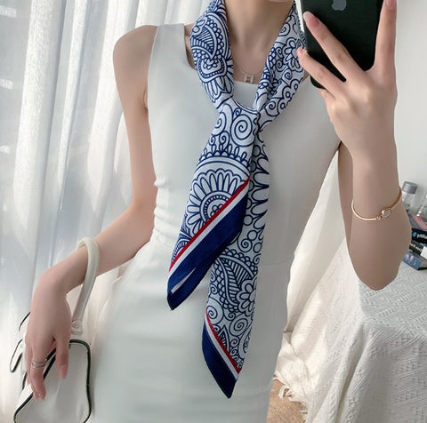 90x90 Silk Scarf White Blue Business Stole Foulard Shawl Wrap N242