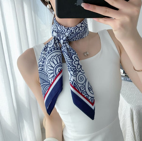 90x90 Silk Scarf White Blue Business Stole Foulard Shawl Wrap N242