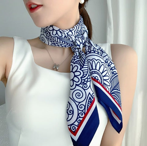 90x90 Silk Scarf White Blue Business Stole Foulard Shawl Wrap N242