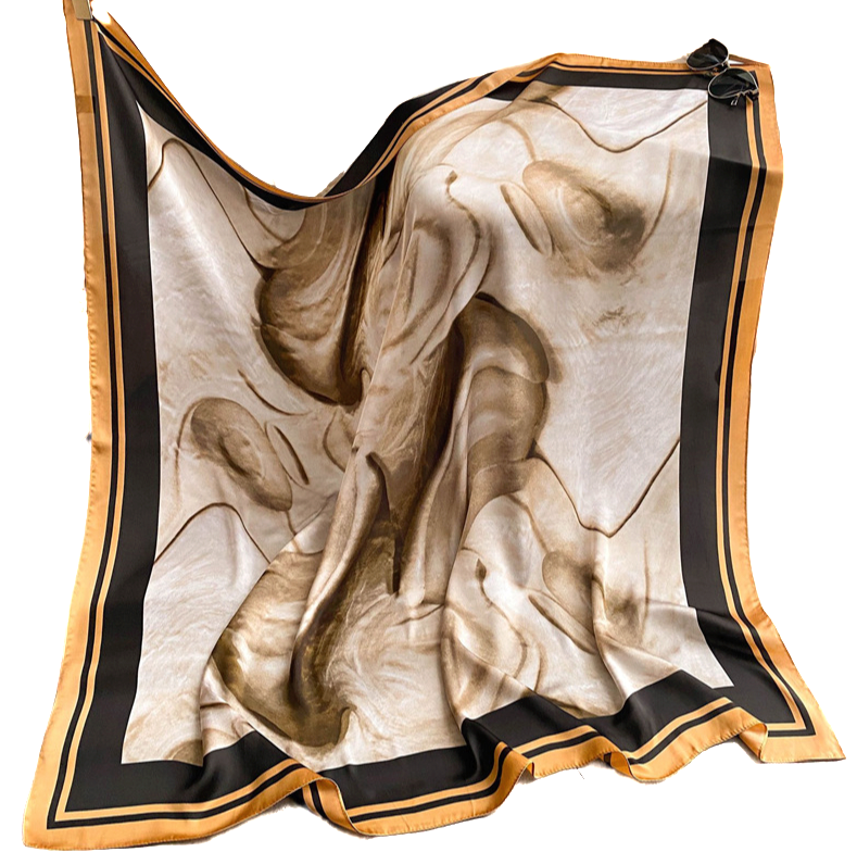 110x110 Silk Scarf Art Style Orange Black Stole Shawl Foulard N273