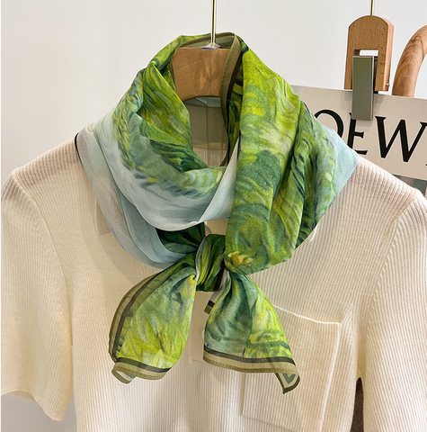 145x35 Silk Scarf Green White Landscape Silk Stole Style Foulard N286