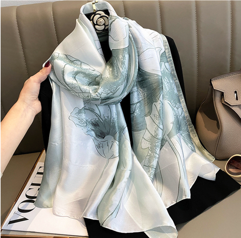 LA FERANI 180x90 Silk Scarf white green Asian Style Silk Stole Foulard N301