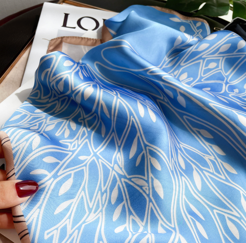 90x90 Silk Scarf blafck beige blue brown Silk Stole Foulard N317