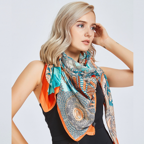 LA FERANI 130x130 Silk Scarf turquoise orange Silk Stole Foulard N321