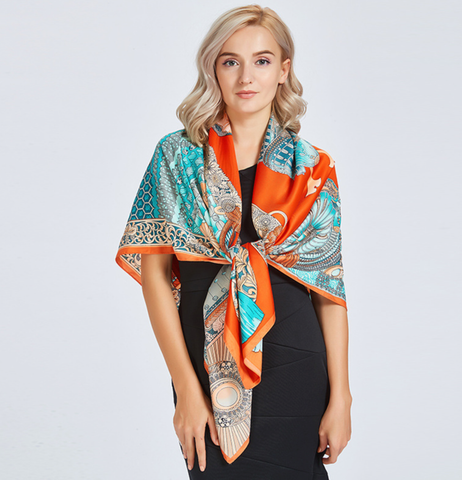 LA FERANI 130x130 Silk Scarf turquoise orange Silk Stole Foulard N321