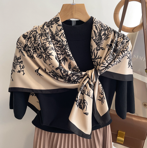 90x90 Silk Scarf black white beige Silk Stole Foulard Shawl N327