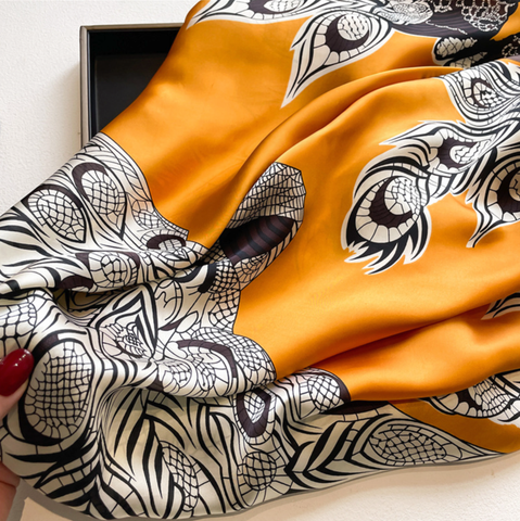 90x90 Silk Scarf Art Style Orange White Stole Shawl Foulard N344