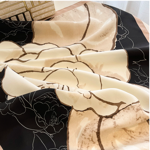 90x90 Silk Scarf Beige Black Business Style Silk Stole Wrap Foulard NN4